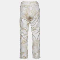 Pre Owned Chanel White Faded Grecian Print Denim Cropped Jeans L