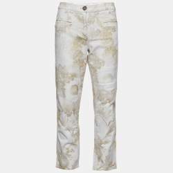 Pre Owned Chanel White Faded Grecian Print Denim Cropped Jeans L