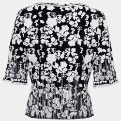 Pre Owned Chanel Black Floral Jacquard Knit Sweater Top L