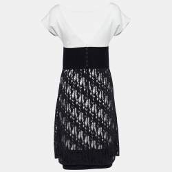 Pre Owned Chanel Monochrome Open Knit Overlay Sheath Dress M