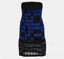 Chanel Blue Checked Knit Strapless Mini Dress M