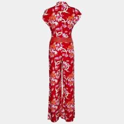 Chanel Red CC Floral Printed Silk Belted Jumpsuit M