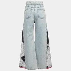 Pre Owned Chanel Light Blue Denim Floral Insert Flared Jeans M Waist 28"