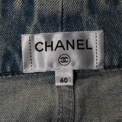 Pre Owned Chanel Light Blue Denim Floral Insert Flared Jeans M Waist 28"