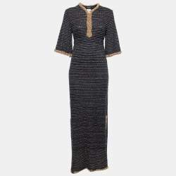 Pre Owned Chanel Blue & Gold Lurex Knit Beaded Trim Maxi Dress S