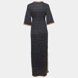Pre Owned Chanel Blue & Gold Lurex Knit Beaded Trim Maxi Dress S