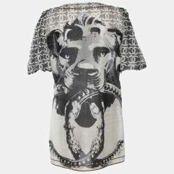 Pre Owned Chanel Black and White Lion Printed Cotton & Silk Tie Detail Top M