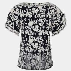 Pre Owned Chanel Black Logo jacquard Knit Distressed Detail Top S