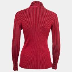 Pre Owned Chanel Red Ribbed Knit Wool Turtleneck Top M
