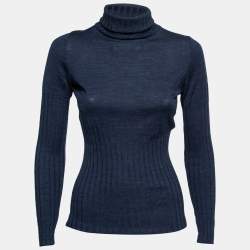 Chanel Blue Wool Ribbed Knit Turtleneck Sweater M
