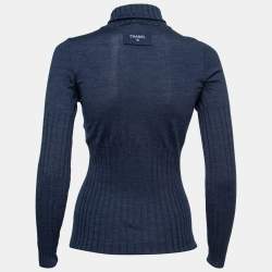 Chanel Blue Wool Ribbed Knit Turtleneck Sweater M