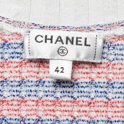 Pre Owned Chanel Red & Blue Logo Patterned Knit Midi Dress L