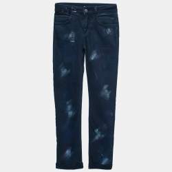 Pre Owned Chanel Navy Blue Denim Graffiti Print Straight Jeans S Waist 28"