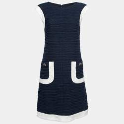 Chanel Blue & WhiteTweed Sleeveless Shift Dress M