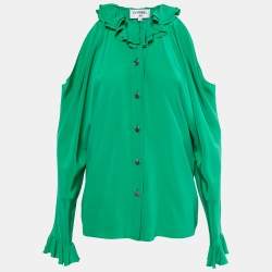 Pre Owned Chanel Green Silk Ruffle Trimmed Cold Shoulder Button Front Blouse S
