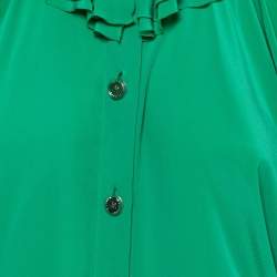 Pre Owned Chanel Green Silk Ruffle Trimmed Cold Shoulder Button Front Blouse S