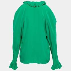 Pre Owned Chanel Green Silk Ruffle Trimmed Cold Shoulder Button Front Blouse S