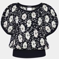 Chanel Monochrome Floral Jacquard Knit Ribbed Trim Short Sleeve Top M