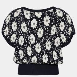 Chanel Monochrome Floral Jacquard Knit Ribbed Trim Short Sleeve Top M