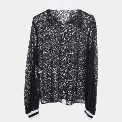 Pre Owned Chanel Black Lace Contrast Detail Button Front Sheer Shirt L