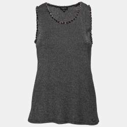 Chanel Black & Silver Knit Chain Trim Detail Sleeveless Top M