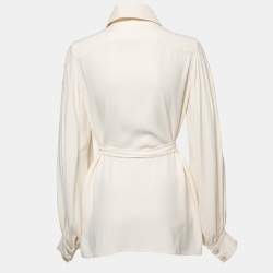 Chanel Cream Silk Belted Long Sleeve Shirt S