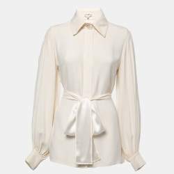 Chanel Cream Silk Belted Long Sleeve Shirt S Chanel