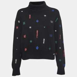 Chanel Black Patterned Cashmere Turtleneck Sweater M