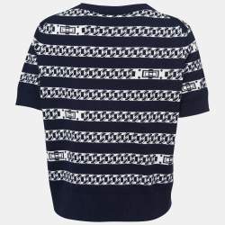 Pre Owned Chanel Navy Blue Chain Link Intarsia Cashmere Knit Top XL