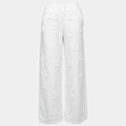 Chanel White Cotton Logo Detail Wide Leg Pants S