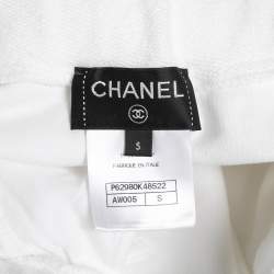 Chanel White Cotton Logo Detail Wide Leg Pants S