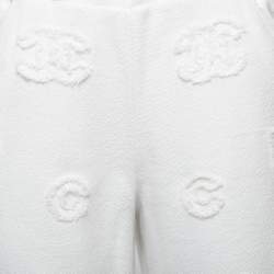 Chanel White Cotton Logo Detail Wide Leg Pants S