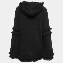 Pre Owned Chanel Black Cashmere Frayed-Trim Hooded Cardigan L