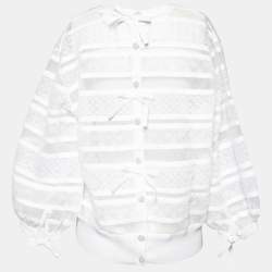 Pre Owned Chanel White Cotton Knit Buttoned Long Sleeve Top L