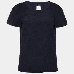 Pre Owned Chanel Navy Blue Floral Quilted Silk Top M