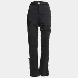 Chanel Black Denim Leather Patchwork Distressed Straight Fit Jeans L Waist 32"