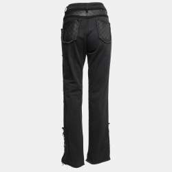 Chanel Black Denim Leather Patchwork Distressed Straight Fit Jeans L Waist 32"