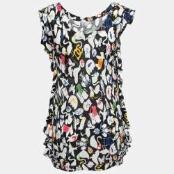 Pre Owned Chanel Black CC Illustration Print Cotton Jersey Ruffled Top M