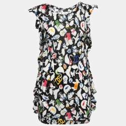 Pre Owned Chanel Black CC Illustration Print Cotton Jersey Ruffled Top M
