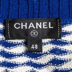 Chanel Blue/White Patterned Knit Sleeveless Belted Long Coat XL