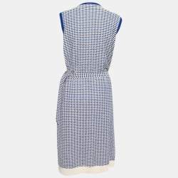 Chanel Blue/White Patterned Knit Sleeveless Belted Long Coat XL