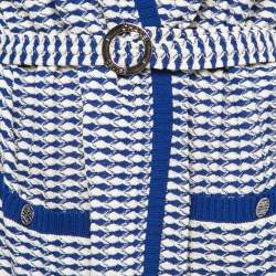 Chanel Blue/White Patterned Knit Sleeveless Belted Long Coat XL