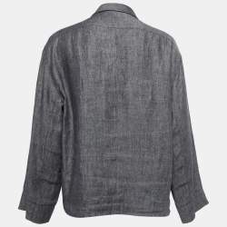 Pre Owned Chanel Vintage Grey Linen Logo Detailed Button Front Full Sleeve Shirt M