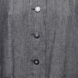 Pre Owned Chanel Vintage Grey Linen Logo Detailed Button Front Full Sleeve Shirt M