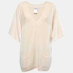 Pre Owned Chanel Cream Cashmere Knit Cape Sleeve Pullover L