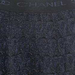 Pre Owned Chanel Navy Blue/Black Textured Knit Elastic Logo Waistband Mini Skirt S