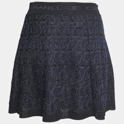 Pre Owned Chanel Navy Blue/Black Textured Knit Elastic Logo Waistband Mini Skirt S
