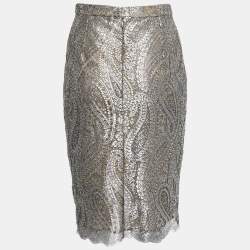 Pre Owned Chanel Gold/Silver Metallic Lace Pencil Skirt S