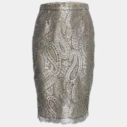 Pre Owned Chanel Gold/Silver Metallic Lace Pencil Skirt S