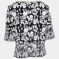 Pre Owned Chanel Black Jacquard Distressed Knit Fringe Detailed Top XL